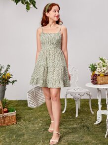 SHEIN 青少年女孩小碎花胸部褶皺荷葉邊吊帶洋裝