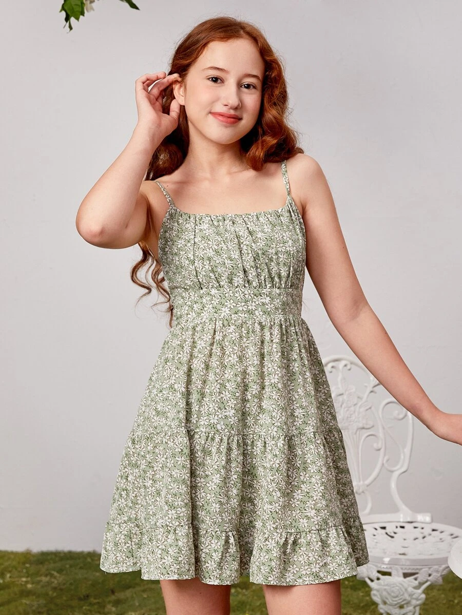 SHEIN 青少年女孩小碎花胸部褶皺荷葉邊吊帶洋裝