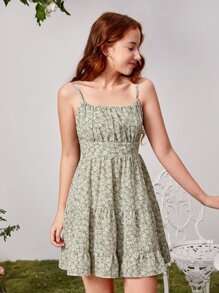 SHEIN 青少年女孩小碎花胸部褶皺荷葉邊吊帶洋裝