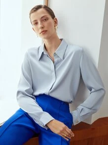 MOTF PREMIUM SATIN BUTTON-UP BLOUSE - Dusty Blue - View 4