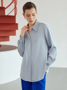 MOTF PREMIUM SATIN BUTTON-UP BLOUSE - Dusty Blue - View 6