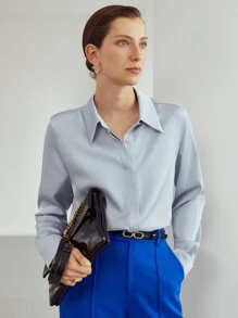 MOTF PREMIUM SATIN BUTTON-UP BLOUSE - Dusty Blue - View 9