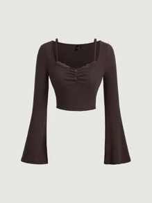 SHEIN MOD 雞心領口胸部褶皺荷葉袖短款T恤 - 巧克力棕 - 查看 1