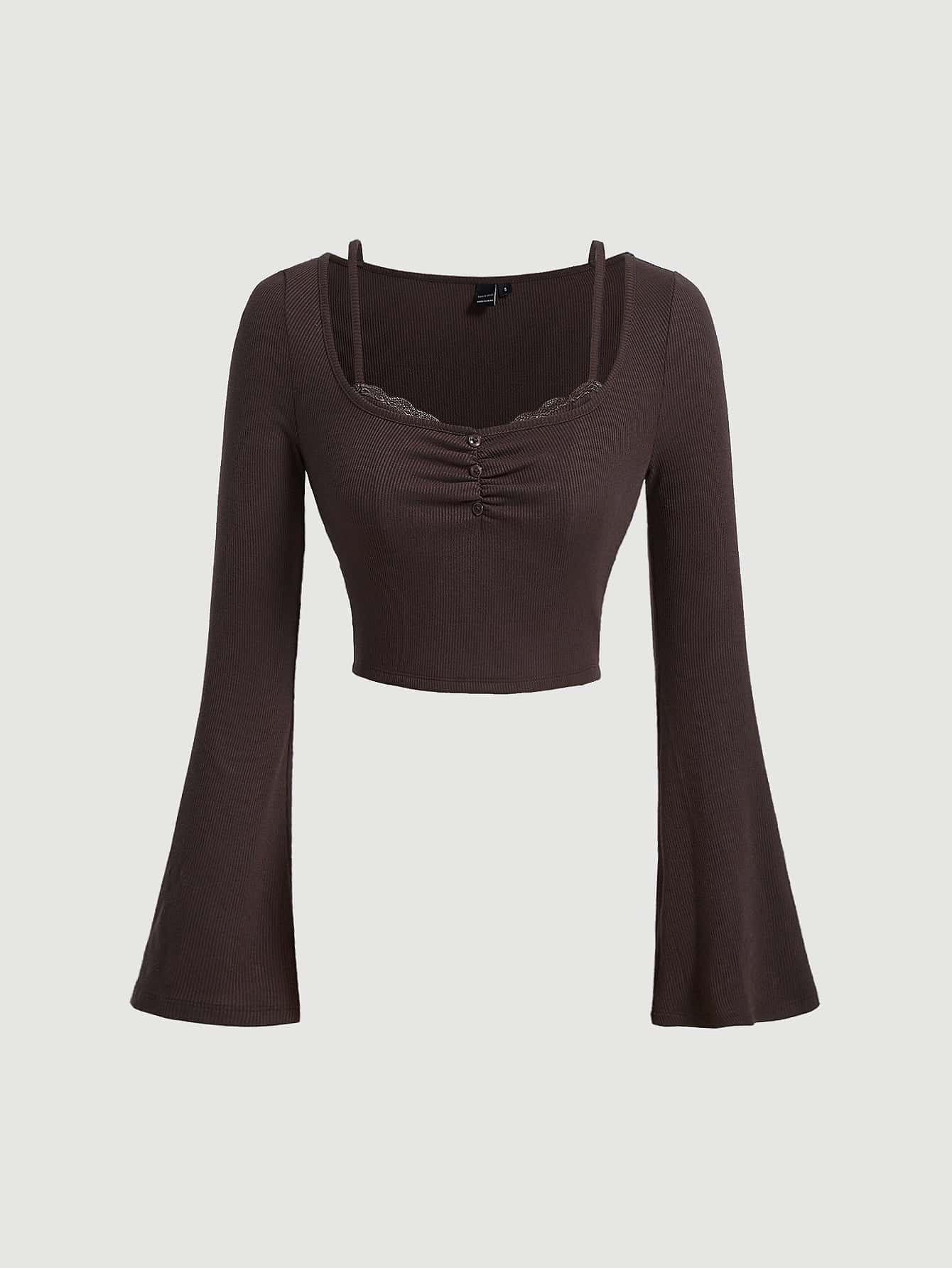 SHEIN MOD 雞心領口胸部褶皺荷葉袖短款T恤 - 巧克力棕 - 查看 1