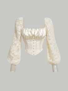 SHEIN MOD Jacquard Lantern Sleeve Ruched Bust Bandana Hem Zip Up Back Crop Blouse - Beige - View 1