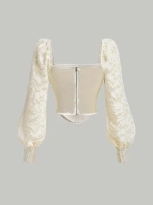 SHEIN MOD Jacquard Lantern Sleeve Ruched Bust Bandana Hem Zip Up Back Crop Blouse - Beige - View 2