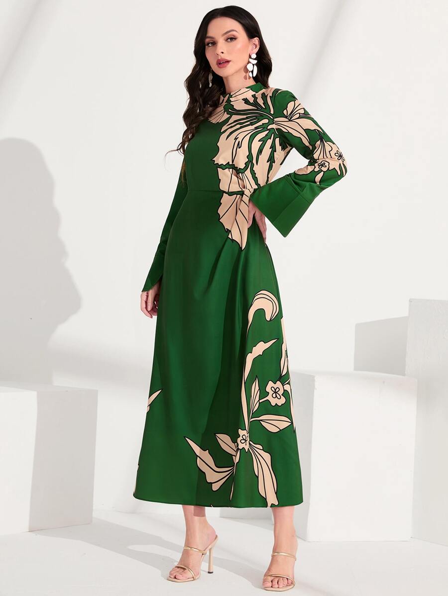 Modelyn 印花小高領鐘形袖連衣裙 - 綠色 - 查看 1