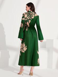 Modelyn 印花小高領鐘形袖連衣裙 - 綠色 - 查看 2