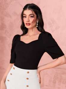 Mulvari 雞心領口泡泡袖T恤 - 黑色 - 查看 3