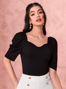 Mulvari 雞心領口泡泡袖T恤 - 黑色 - 查看 5