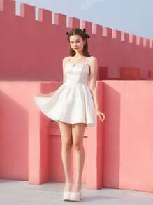 SHEIN MOD Jacquard Frill Trim Cami Dress - White - View 2