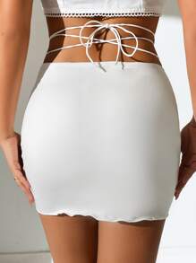 SHEIN PETITE Ruched Lace Up Waist Bodycon Skirt - White - View 2
