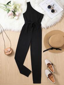 Chicas Mono de un hombro con cinturón - Negro - Ver 1