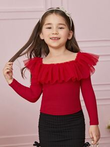 SHEIN Leap Crew 1 Pieza De Camiseta De Cuello Cuadrado Con Ribete De Gasa De Malla Para Niña Joven - Rojo - Ver 1