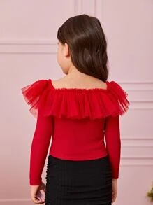 SHEIN Leap Crew 1 Pieza De Camiseta De Cuello Cuadrado Con Ribete De Gasa De Malla Para Niña Joven - Rojo - Ver 2