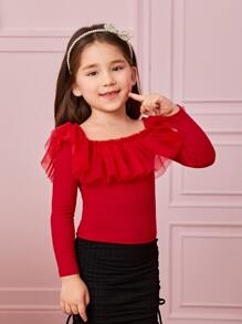 SHEIN Leap Crew 1 Pieza De Camiseta De Cuello Cuadrado Con Ribete De Gasa De Malla Para Niña Joven - Rojo - Ver 3