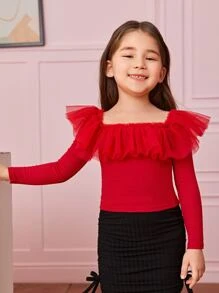 SHEIN Leap Crew 1 Pieza De Camiseta De Cuello Cuadrado Con Ribete De Gasa De Malla Para Niña Joven - Rojo - Ver 4