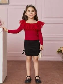 SHEIN Leap Crew 1 Pieza De Camiseta De Cuello Cuadrado Con Ribete De Gasa De Malla Para Niña Joven - Rojo - Ver 5