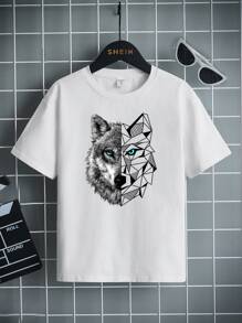 SHEIN Tween Boy Casual Wolf & Geometric Print Short Sleeve Round Neck T-Shirt, Summer