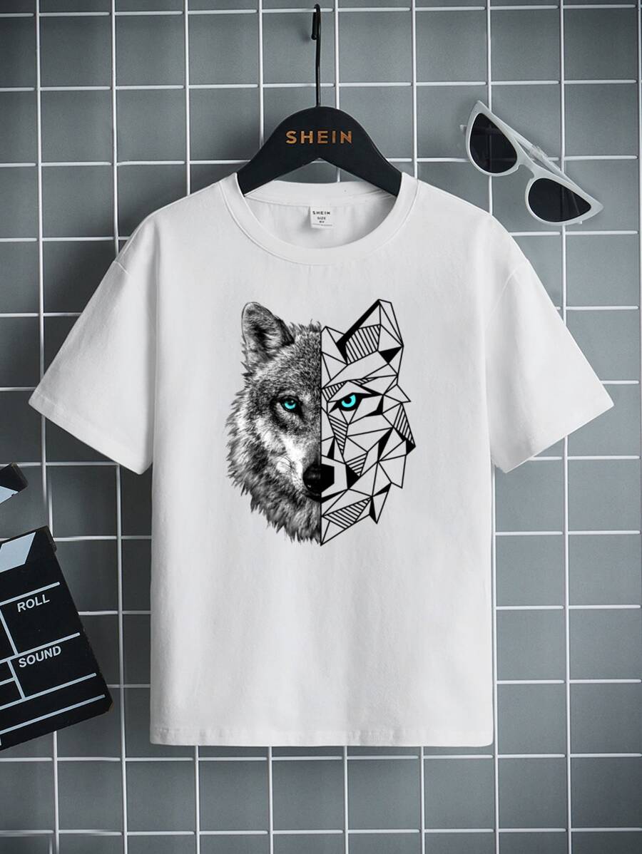 SHEIN Tween Boy Casual Wolf & Geometric Print Short Sleeve Round Neck T-Shirt, Summer