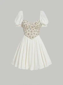 SHEIN MOD Floral Print Puff Sleeve Dress - Multicolor - View 2