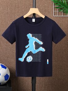 SHEIN Tween Boy Simple Round Neck Soccer Print Sports Black Short Sleeve T-Shirt - Navy Blue - View 1