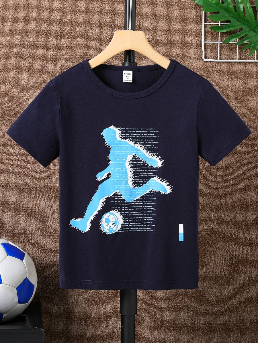 SHEIN Tween Boy Simple Round Neck Soccer Print Sports Black Short Sleeve T-Shirt - Navy Blue - View 1