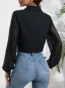 SHEIN LUNE Contrast Lace Lantern Sleeve Zip Up Crop Jacket - Black - View 2