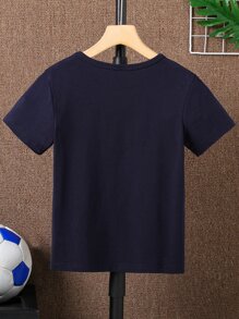SHEIN Tween Boy Simple Round Neck Soccer Print Sports Black Short Sleeve T-Shirt - Navy Blue - View 2