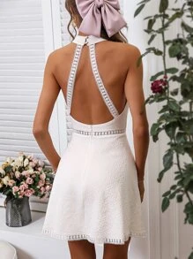 Chiquease 水溶蕾絲拼接露背掛脖連衣裙 - 白色 - 查看 2