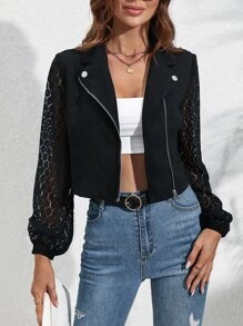 SHEIN LUNE Contrast Lace Lantern Sleeve Zip Up Crop Jacket - Black - View 3