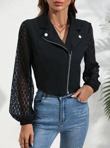 SHEIN LUNE Contrast Lace Lantern Sleeve Zip Up Crop Jacket - Black - View 4