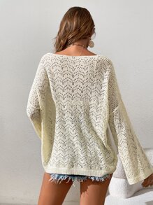 SHEIN VCAY Drop Shoulder Pointelle Knit Jumper Without Bra - Beige - View 2