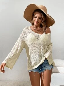 SHEIN VCAY Drop Shoulder Pointelle Knit Jumper Without Bra - Beige - View 4