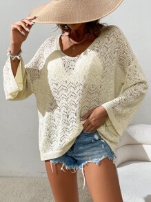 SHEIN VCAY Drop Shoulder Pointelle Knit Jumper Without Bra - Beige - View 5