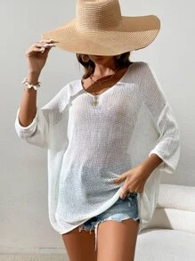 SHEIN VCAY 蝙蝠袖透明罩衫，无需比基尼，适合夏季海滩度假 - 白色 - 查看 1