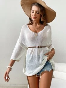 SHEIN VCAY 蝙蝠袖透明罩衫，无需比基尼，适合夏季海滩度假 - 白色 - 查看 5