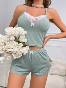 Contrast Lace Bow Front Cami Top & Shorts PJ Set - Mint Green - View 1