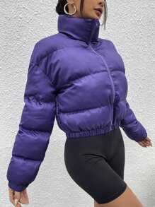 SHEIN EZwear Zipper Up Drop Shoulder Padded Coat In Fall/Winter - Purple - View 3