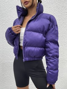 SHEIN EZwear Zipper Up Drop Shoulder Padded Coat In Fall/Winter - Purple - View 4