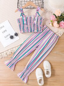 Niñas Top de tirantes con estampado de rayas bajo con fruncido con pantalones - Multicolor - Ver 1