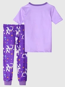 Girls Cartoon Graphic Snug Fit PJ Set - Purple - View 2