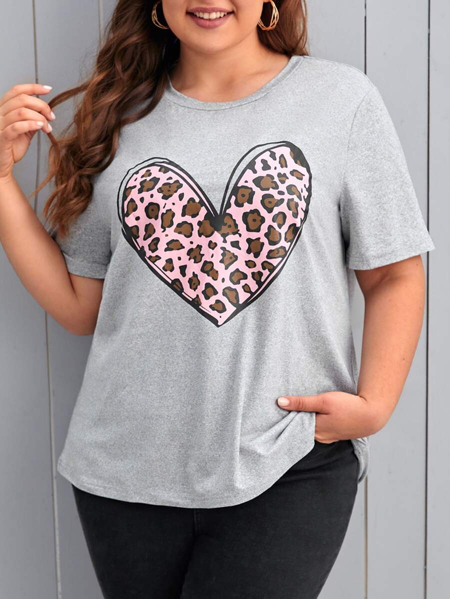 SHEIN LUNE Plus Leopard & Heart Print Tee - Light Grey - View 1