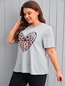 SHEIN LUNE Plus Leopard & Heart Print Tee - Light Grey - View 4