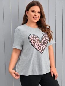 SHEIN LUNE Plus Leopard & Heart Print Tee - Light Grey - View 5