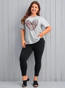 SHEIN LUNE Plus Leopard & Heart Print Tee - Light Grey - View 6