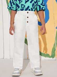 SHEIN 小男童前紐扣彈性腰帶長褲 - 白色 - 查看 4