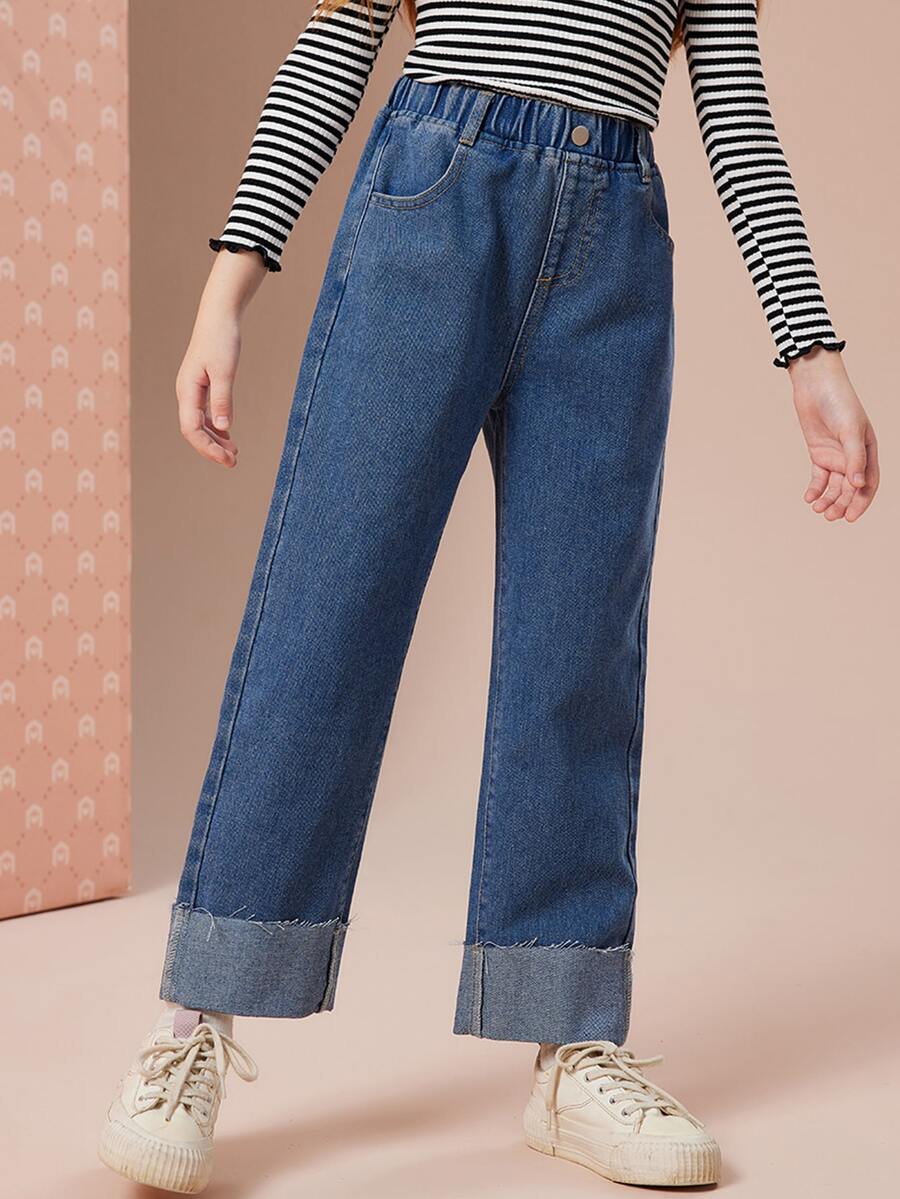 女孩高腰直筒牛仔褲 - 深色水洗藍 - 查看 1