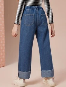 女孩高腰直筒牛仔褲 - 深色水洗藍 - 查看 2