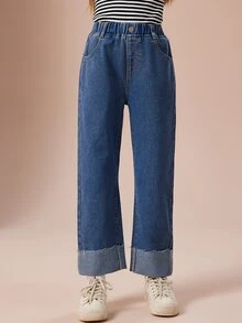 女孩高腰直筒牛仔褲 - 深色水洗藍 - 查看 3